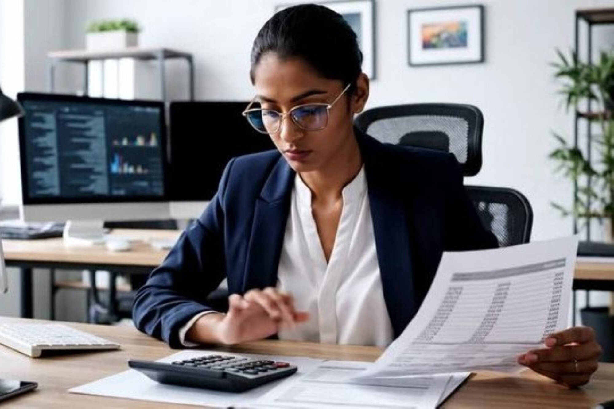 CPA working at a desk with a calculator and document